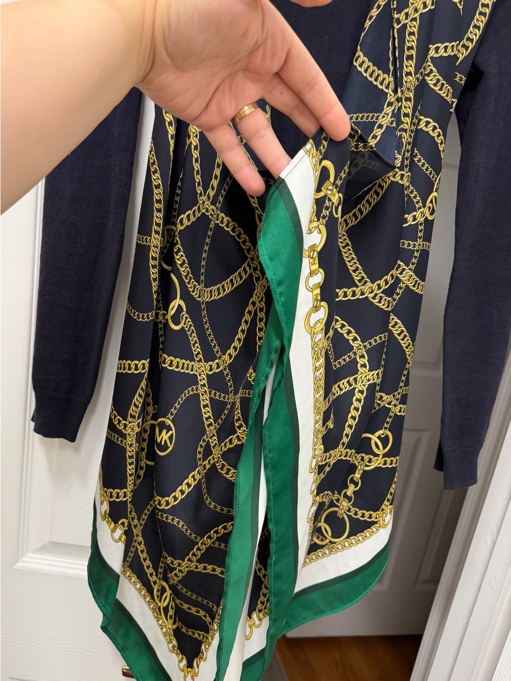 Michael Kors Navy Gold Chain Equestrian Print Satin Drape Cardigan Size S - Picture 4 of 10